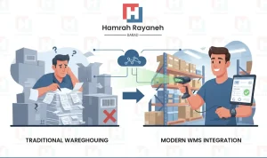 نمایش یک بارکدخوان در حال اسکن بسته‌ ای در یک انبار مدرن، با اتصال داده به یک سیستم ابری (WMS) با بارادنوین
